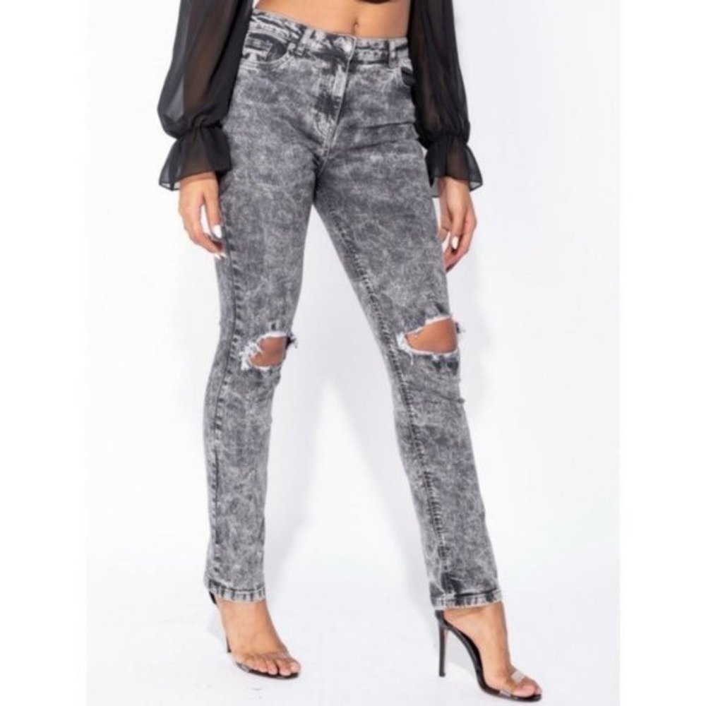 Gray Acid Wash High Waist Ripped Distressed Straight Leg Jeans Denim Pants - Picture 11 of 15